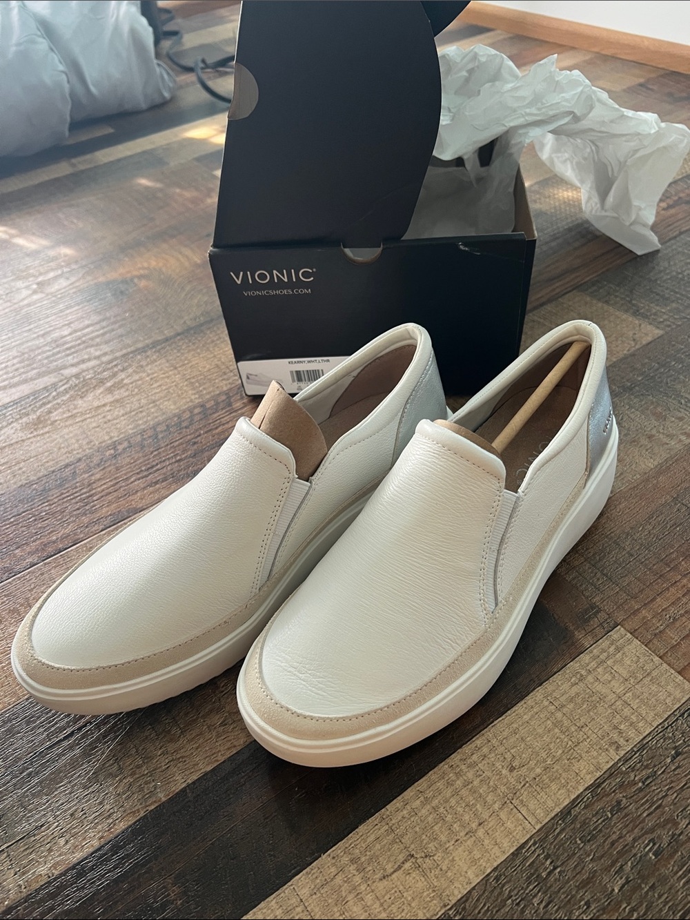 Vionic women’s Slip-On Loafers — White with Tan Accents